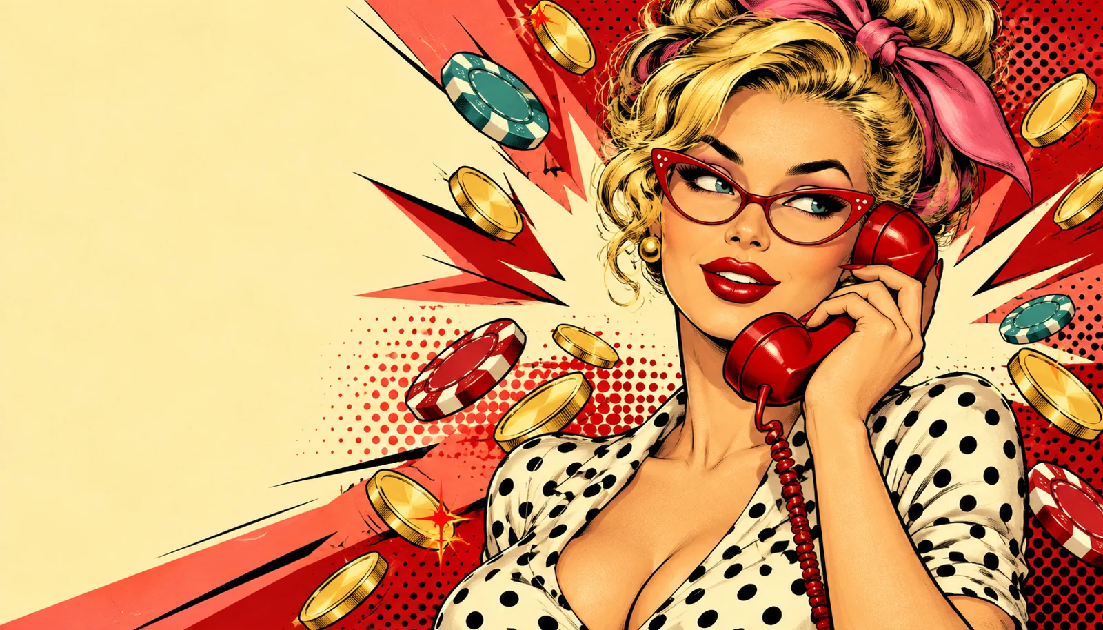 Pop-Art: blonde Frau mit rotem Telefon und Casinochips